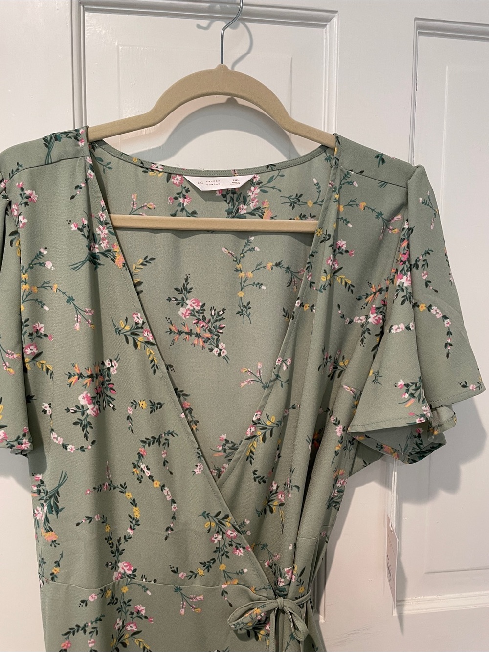 LC Lauren Conrad Sage Green Floral Wrap Mini Dress - Picture 2 of 6
